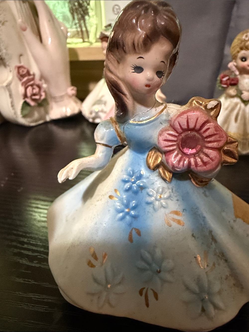 Blue Ceramic Figurine Girl Holding Pink Flower - Vintage Style Home Accent